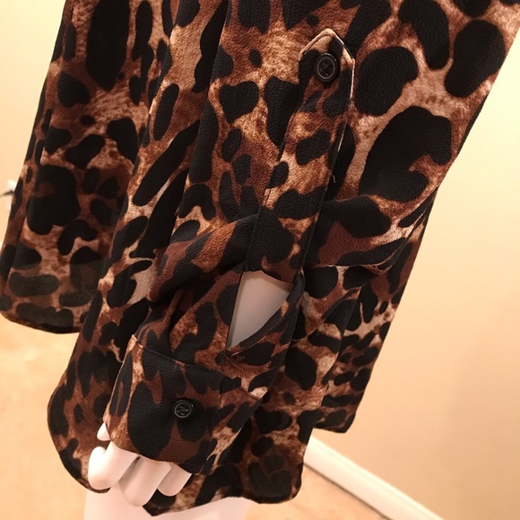 Rafaella Animal Print Tunic Top Womens Size Large Brown Black Faux Leather Trim - Picture 13 of 15